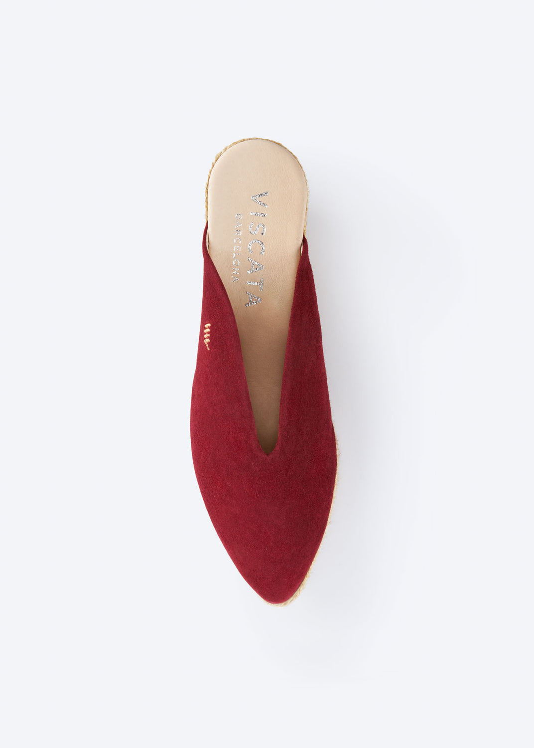 Top view of burgundy suede wedge espadrille mules with a pointed closed toe, handcrafted in Spain