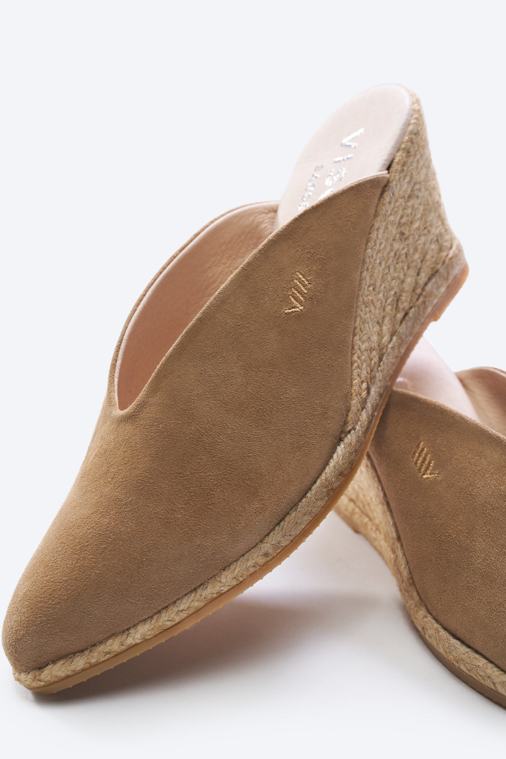 Truja Camel Suede Slip On Woman Espadrille Mule Wedges V Cut Closed Toe Detail