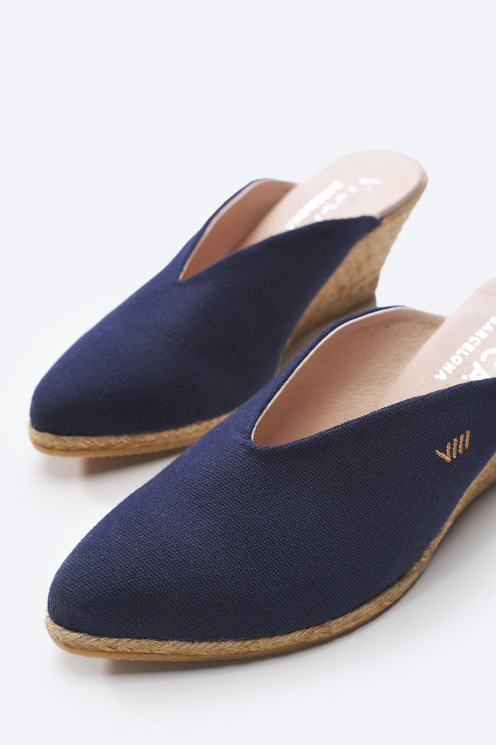 Truja Navy Blue Canvas Slip On Woman Espadrille Mule Wedges V Cut Closed Toe Detail