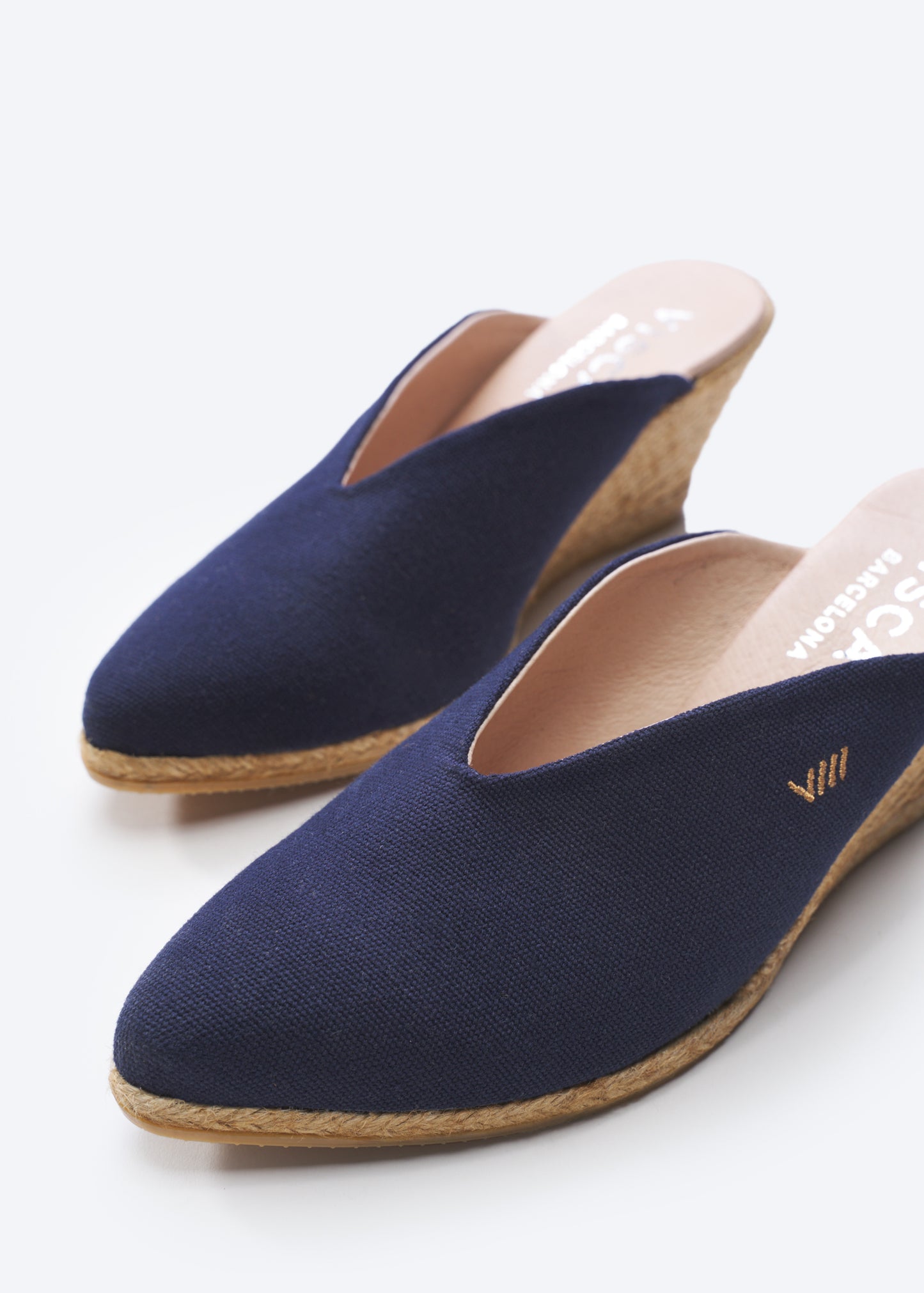 Truja Navy Blue Canvas Slip On Woman Espadrille Mule Wedges V Cut Closed Toe Detail