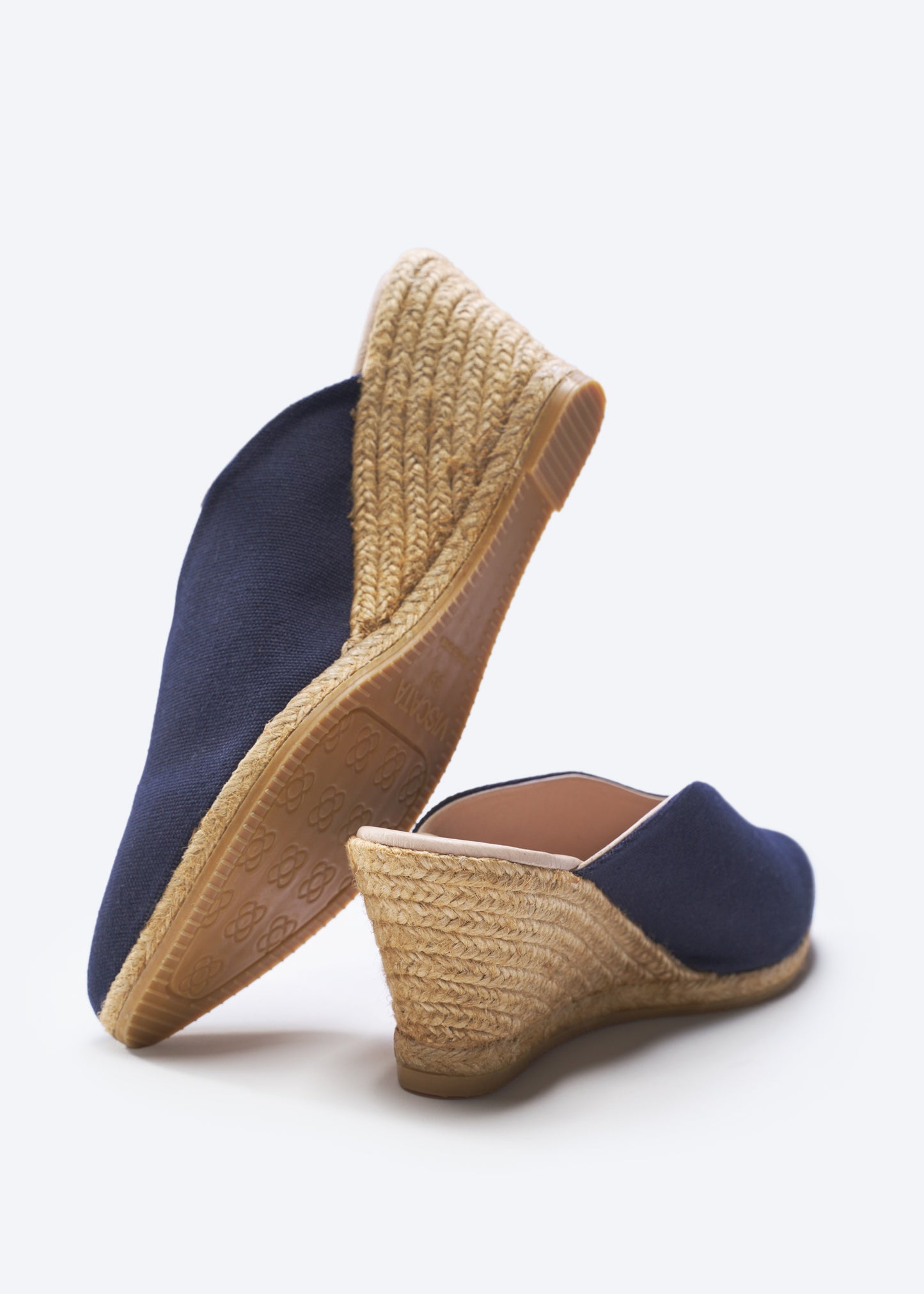 Truja Navy Blue Canvas Slip On Woman Espadrille Mule Medium Heel Wedges