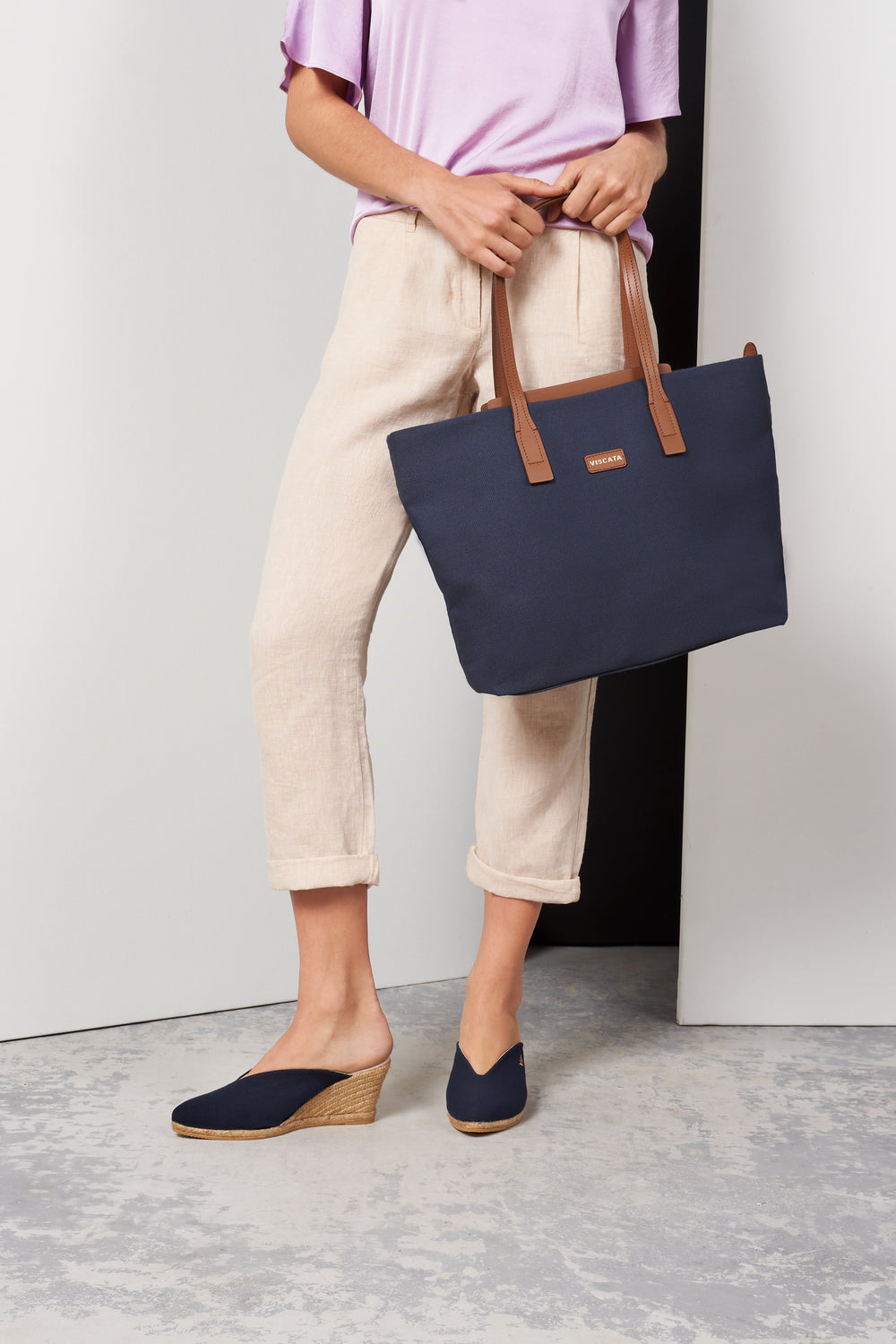 Truja Navy Blue Canvas Slip On Woman Espadrille Mule Wedges Legs