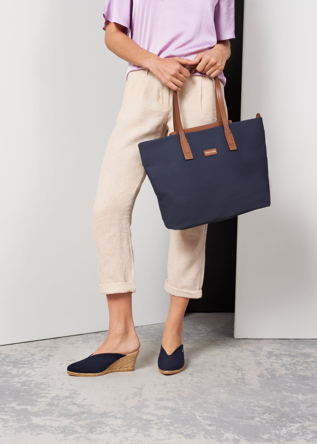 Truja Navy Blue Canvas Slip On Woman Espadrille Mule Wedges Legs
