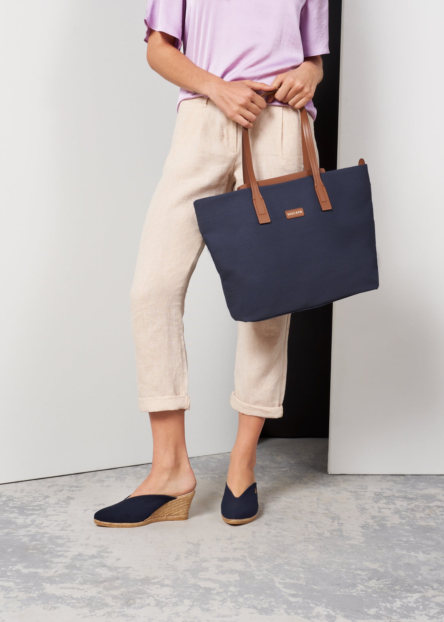Truja Navy Blue Canvas Slip On Woman Espadrille Mule Wedges Legs