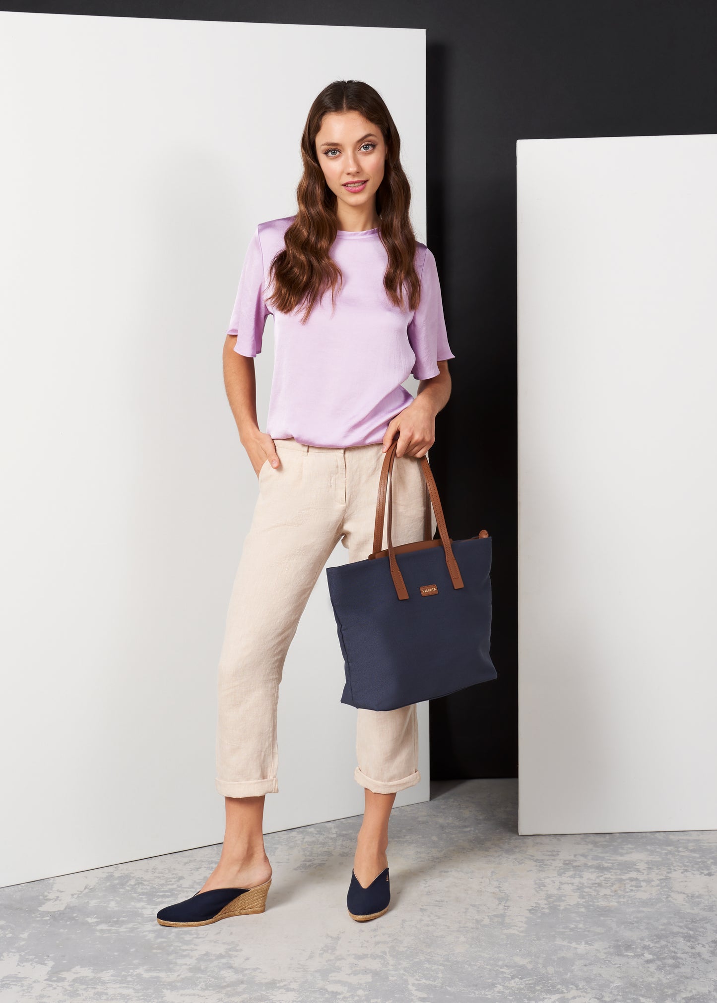 Truja Navy Blue Canvas Slip On Woman Espadrille Mule Wedges Outfit