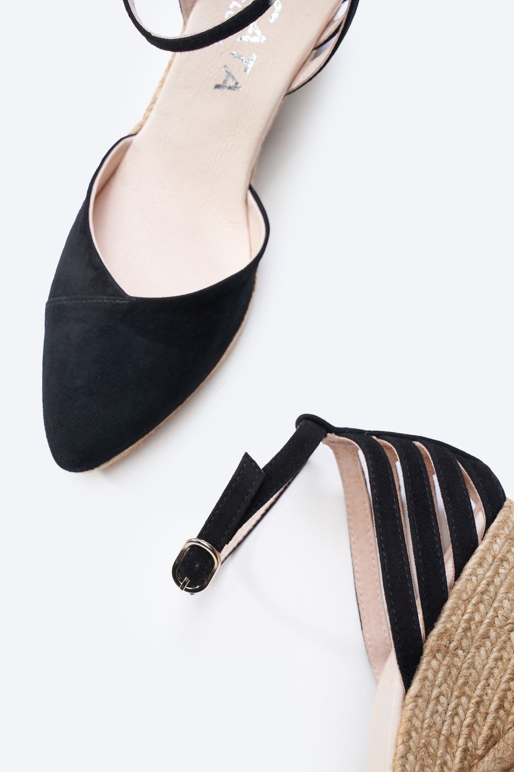Ullastret Black Suede Ankle Strap Women V Cut Closed Toe Espadrille Wedge