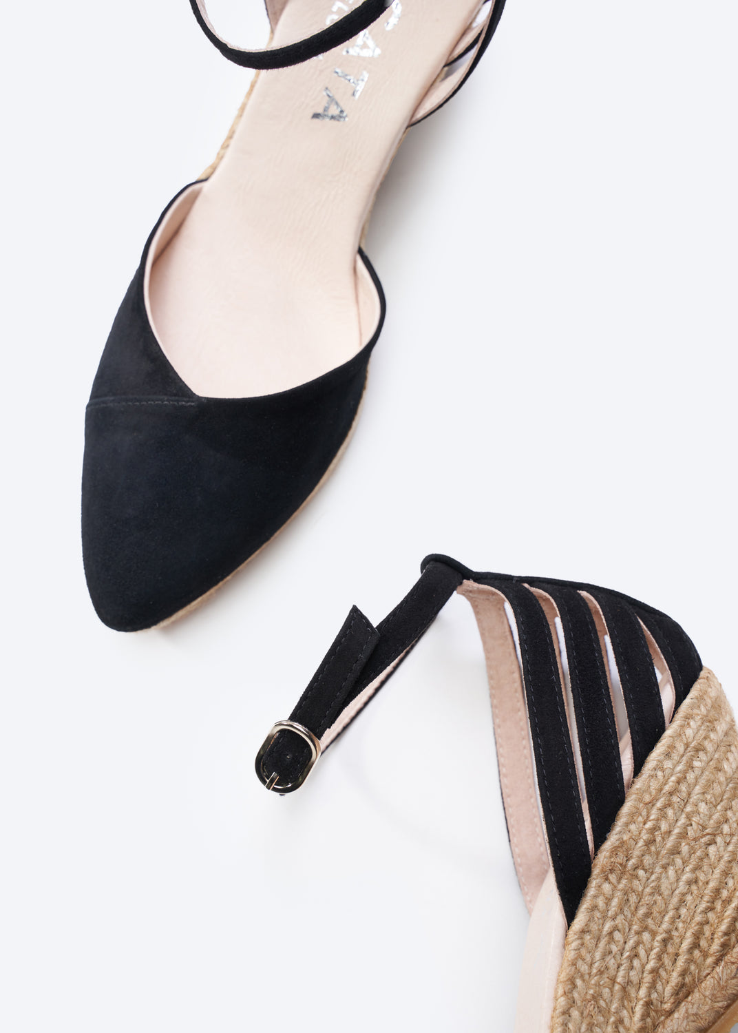 Ullastret Black Suede Ankle Strap Women V Cut Closed Toe Espadrille Wedge