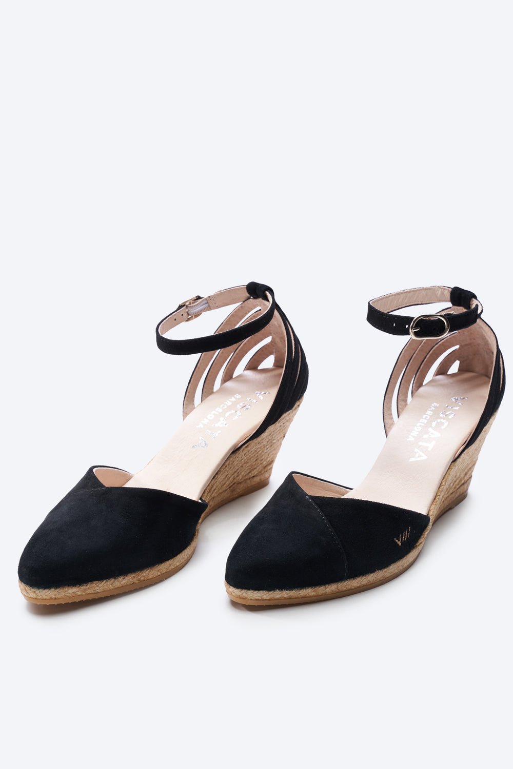 Ullastret Black Suede Ankle Strap Women V Cut Closed Toe Espadrille Wedges