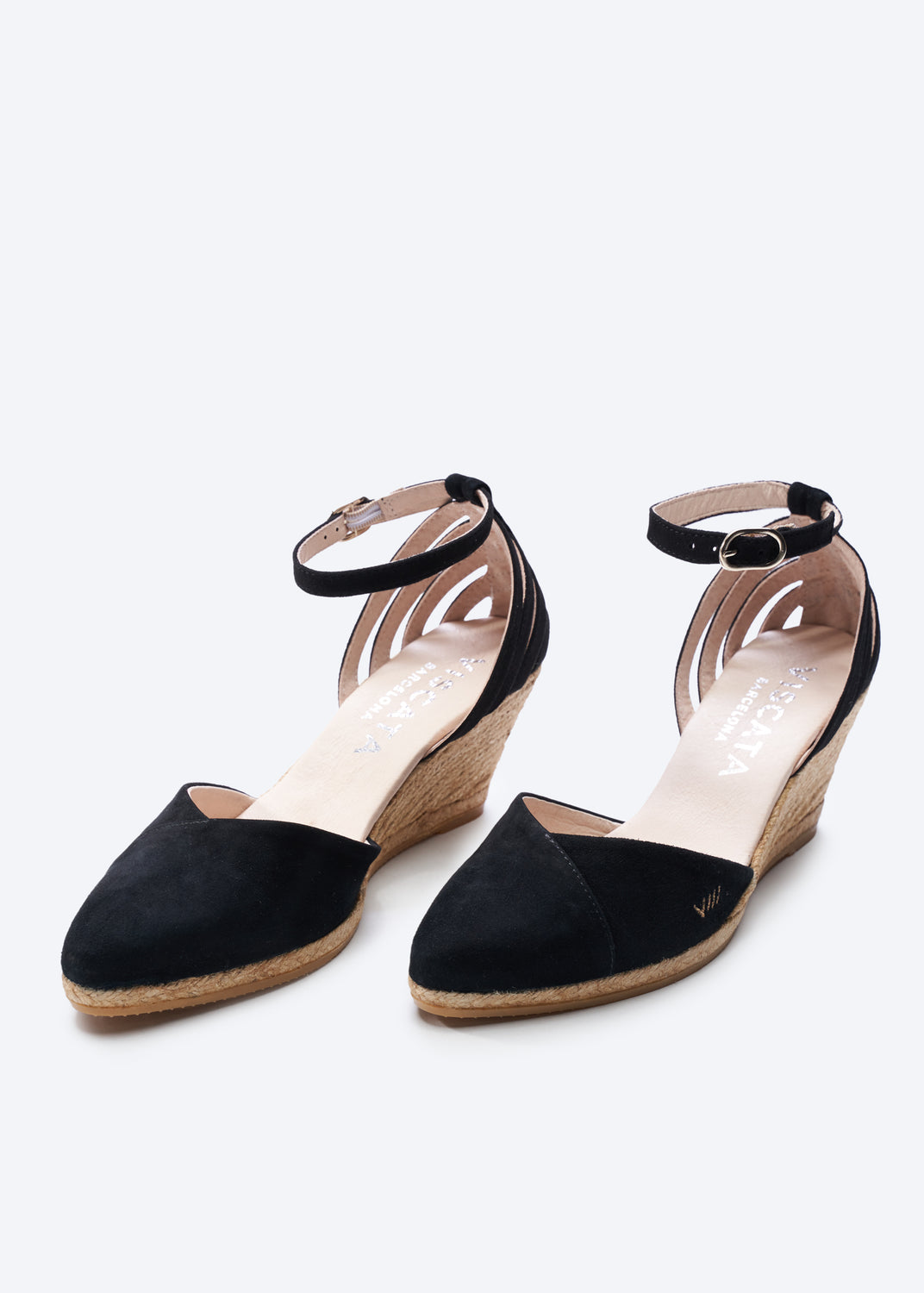 Ullastret Black Suede Ankle Strap Women V Cut Closed Toe Espadrille Wedges