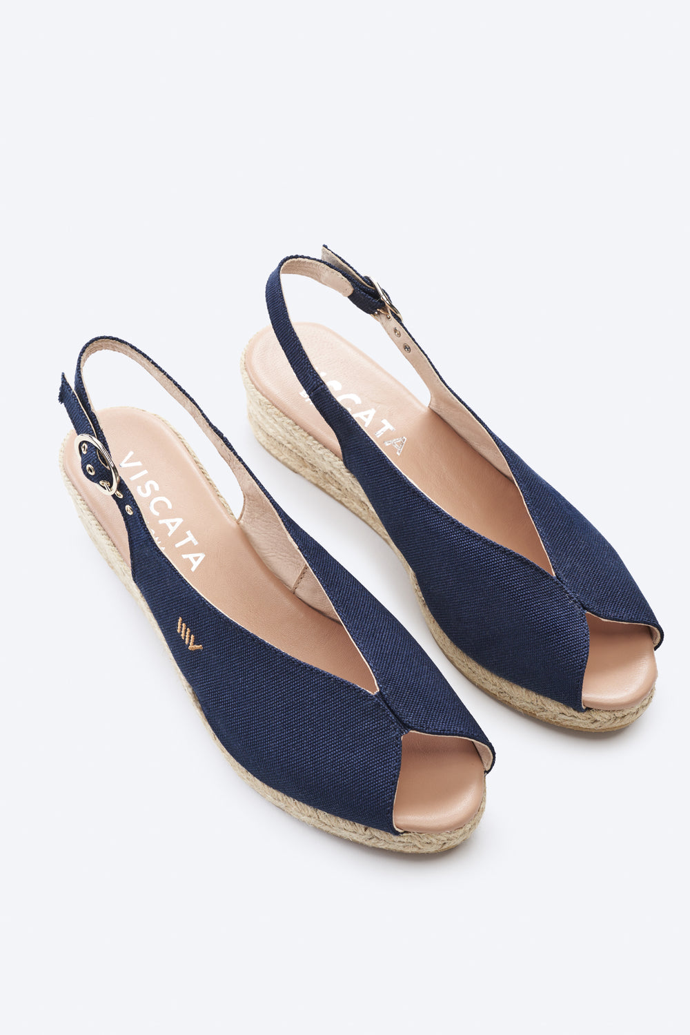Verneda Navy Blue Canvas Slingback Women Open Peep Toe Espadrille Low Wedges