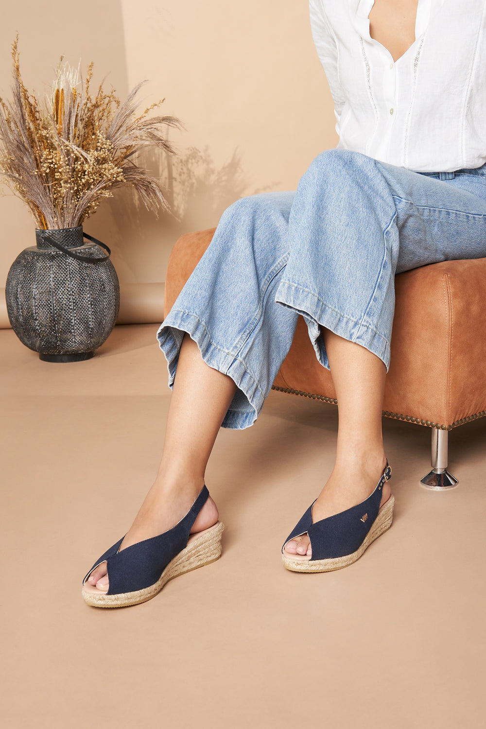 Verneda Navy Blue Canvas Slingback Women Open Toe Espadrille Wedges Legs