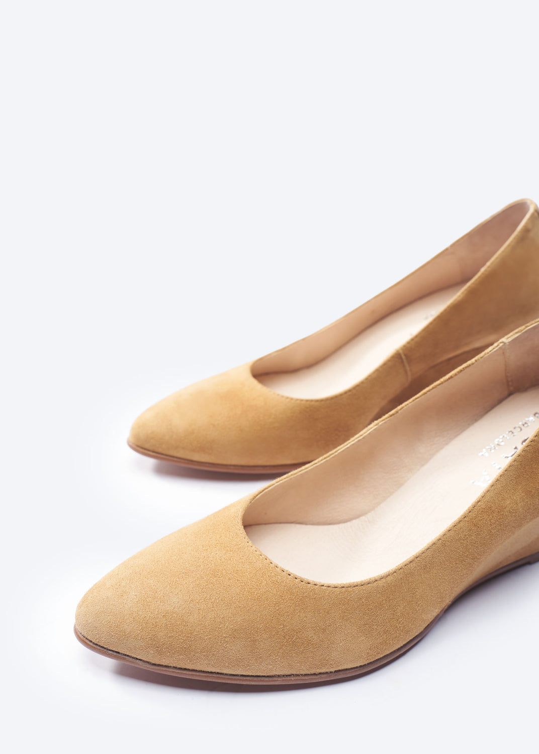 Verona Camel Suede Slip On Women's Wedge Shoes U Cut Closed Toe Detail