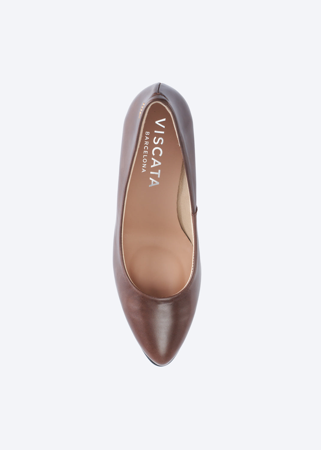A single brown leather pointed-toe pump shown from a top-down view on a light gray background. The brand name 'VISCATA' is printed vertically on the inner sole.