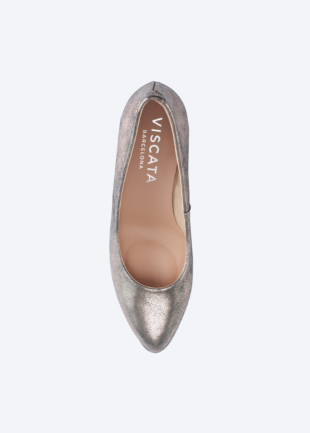 A single metallic gold pointed-toe pump by Viscara, shown from a top-down view on a light gray background.