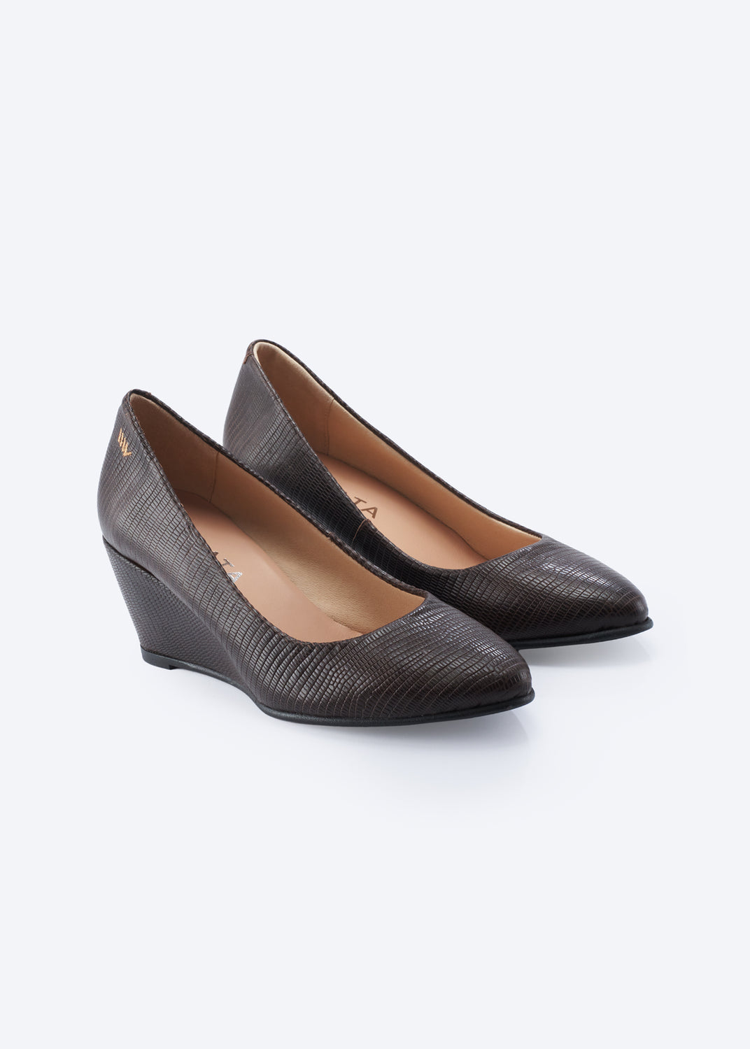 A pair of women's wedge pumps in a dark brown textured leather, displayed on a clean white background.