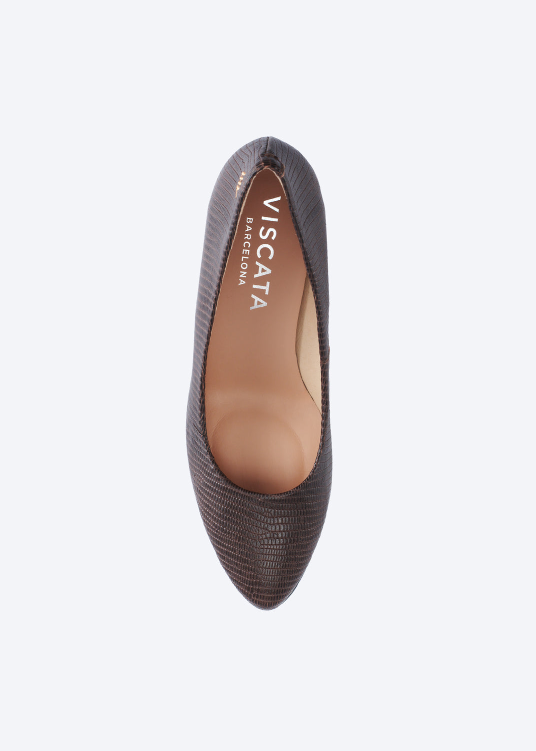 A single Viscata pointed-toe pump shown from a top-down view on a light gray background. The shoe features a textured dark brown exterior and a tan interior with the Viscata brand name printed in white.