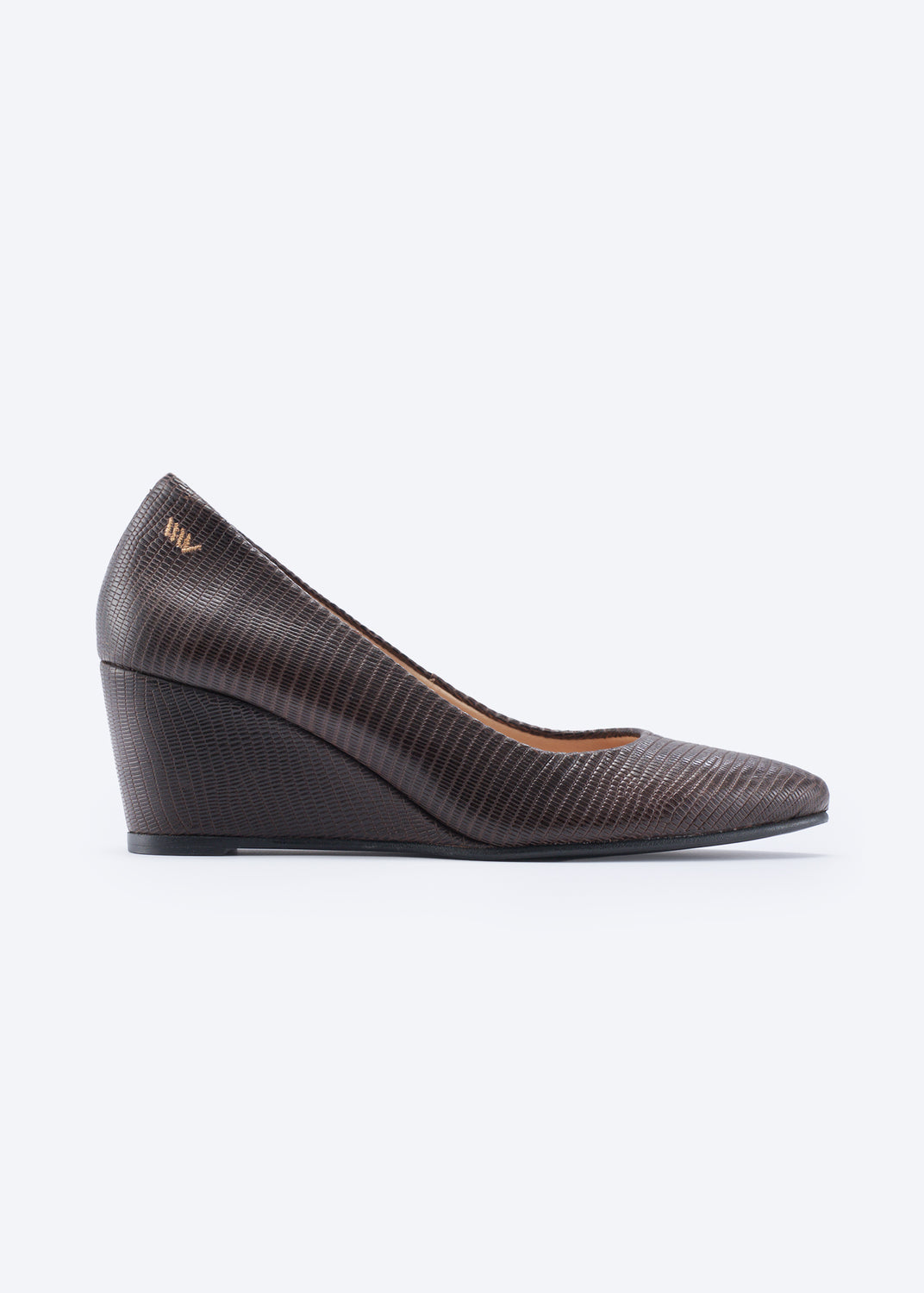 A single women's wedge pump in dark brown textured leather, shown from a side profile against a light gray background.