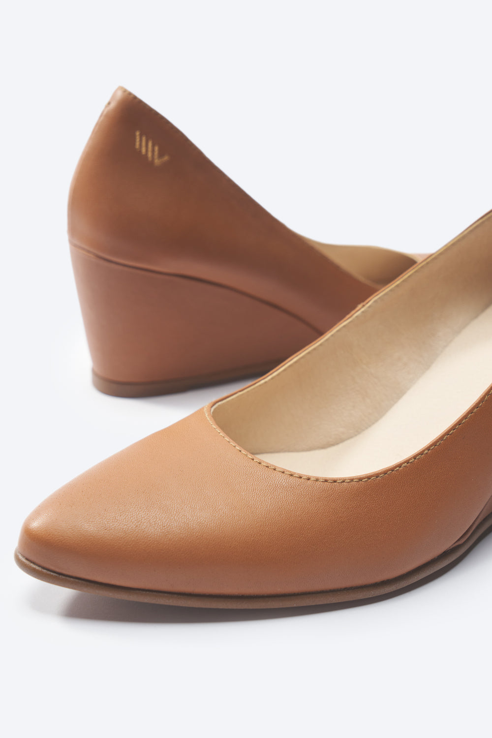 Verona Whiskey Brown Leather Slip On Women Wedges U Cut Almond Toe Detail
