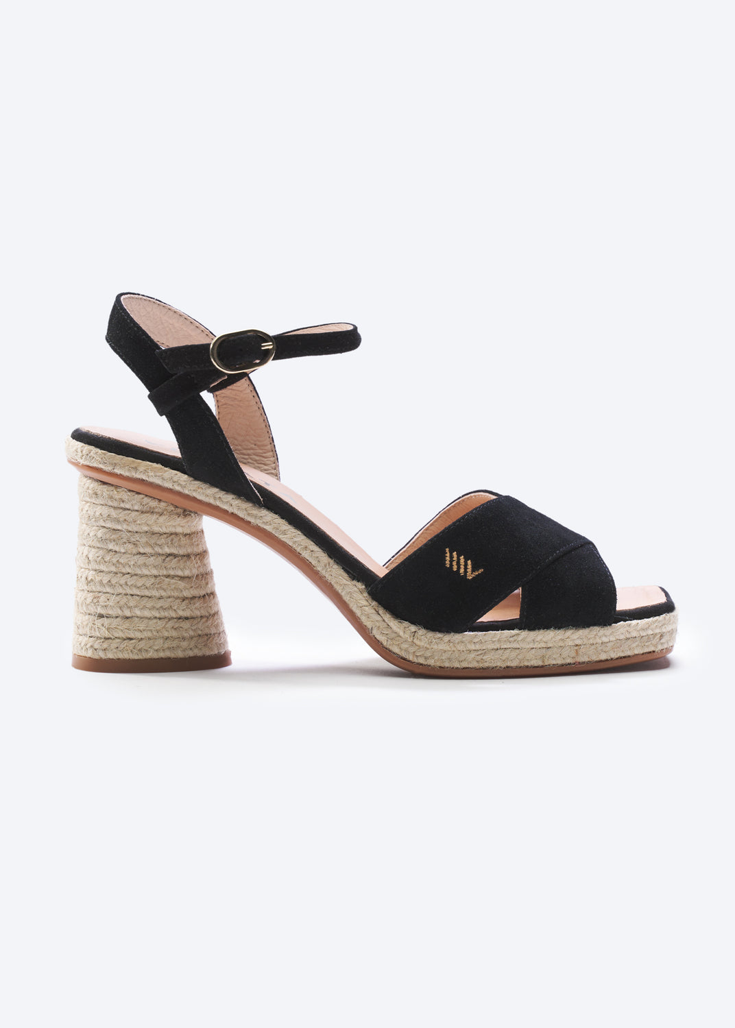 Xelida Black Suede Ankle Strap Women Espadrille Sandal Heel