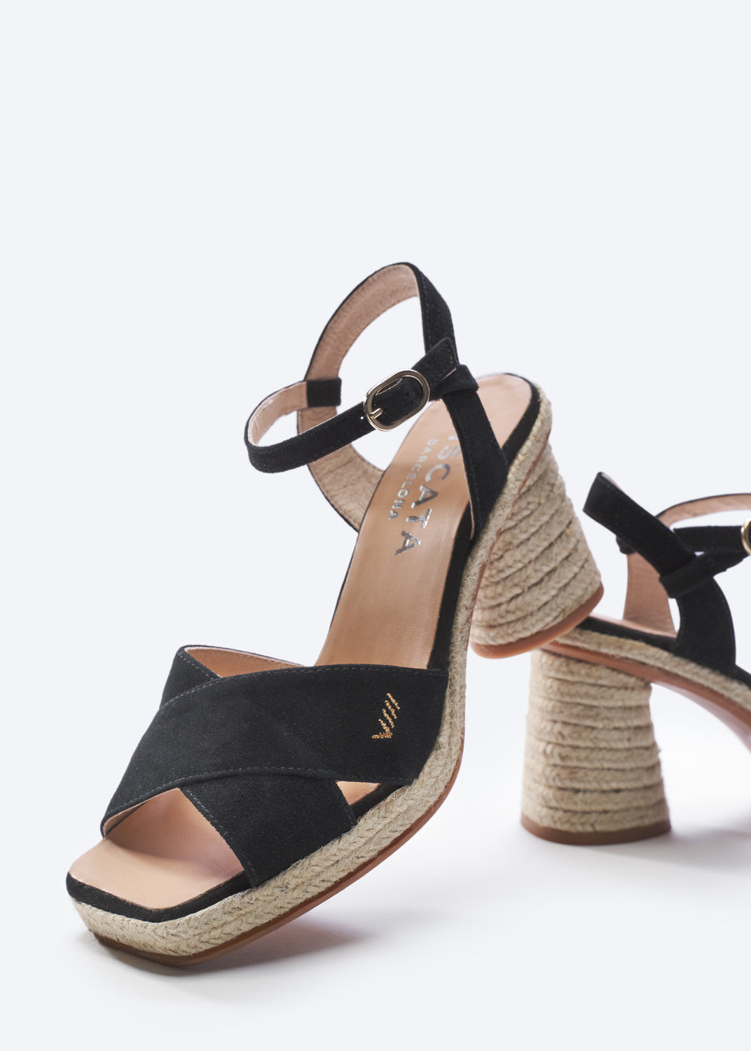 Xelida Black Suede Ankle Strap Women Espadrille Sandal Block Heel