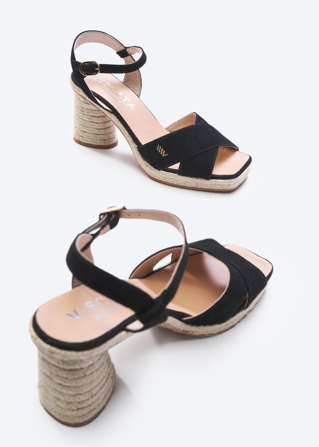 Xelida Black Suede Ankle Strap Women Square Open Toe Espadrille Sandal Heel