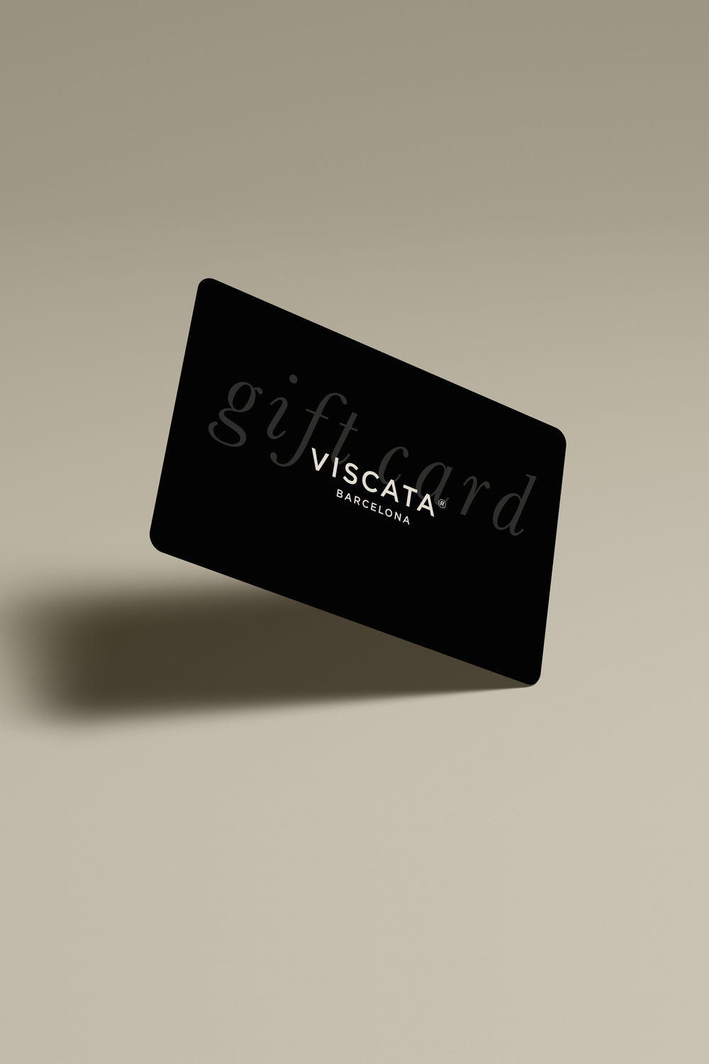 Black gift card with 'VISCATA' branding on a beige background