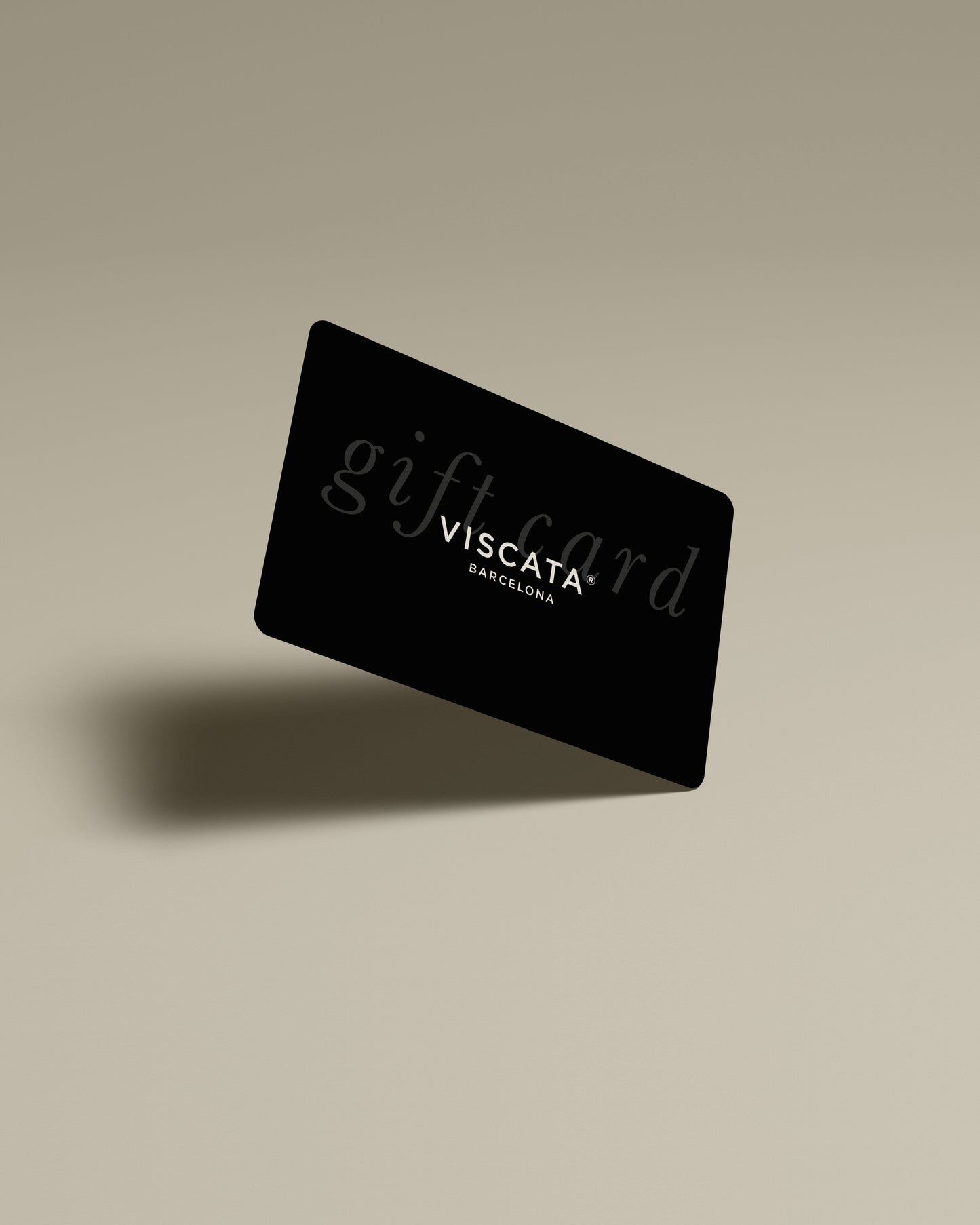 Black gift card with 'VISCATA' branding on a beige background