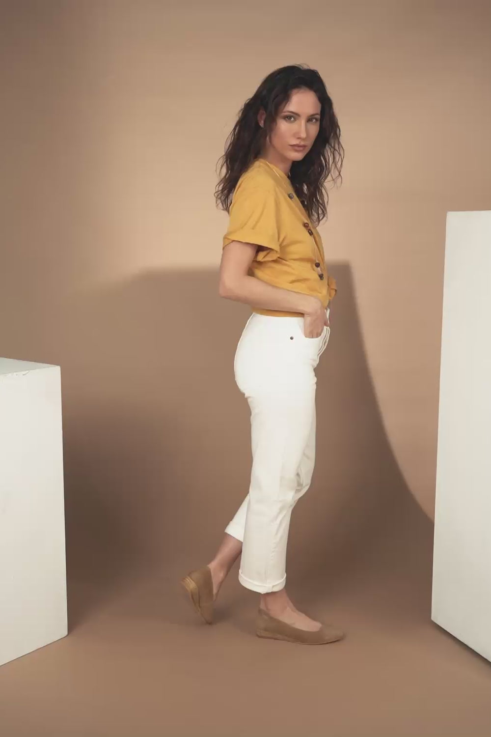 Woman Wearing Rubina Suede Camel Espadrille Flats