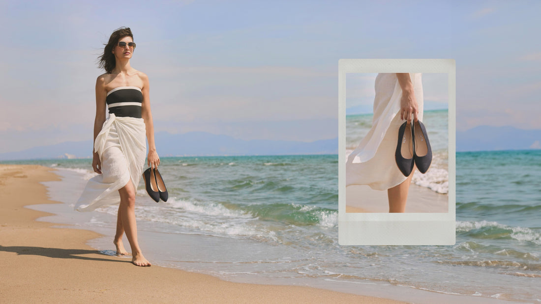 Woman walking on a beach wearing a black strapless top and white skirt with a close-up of shoes inset.