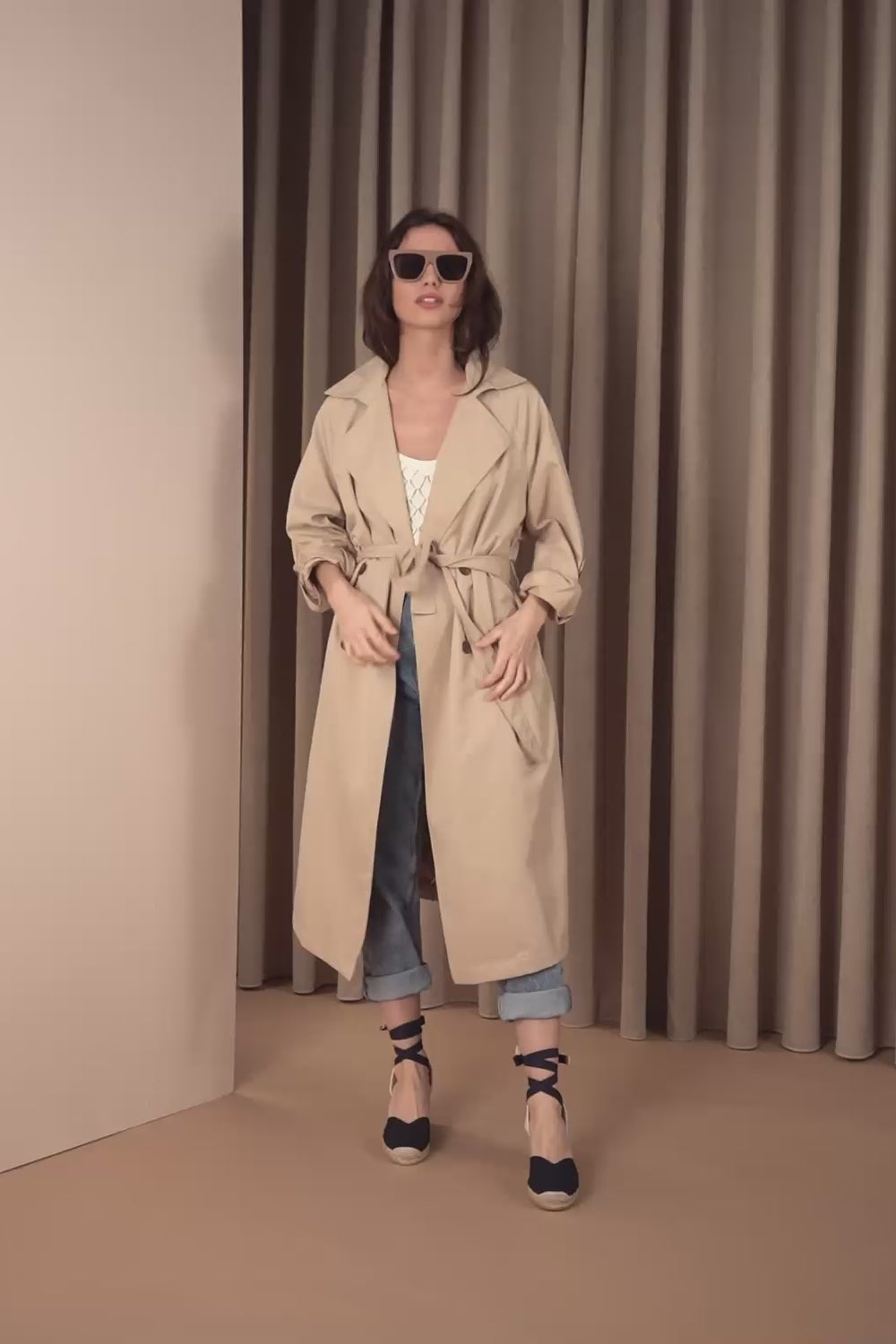 Woman Wearing Gava Canvas Navy Blue Lace-up Espadrille Wedges