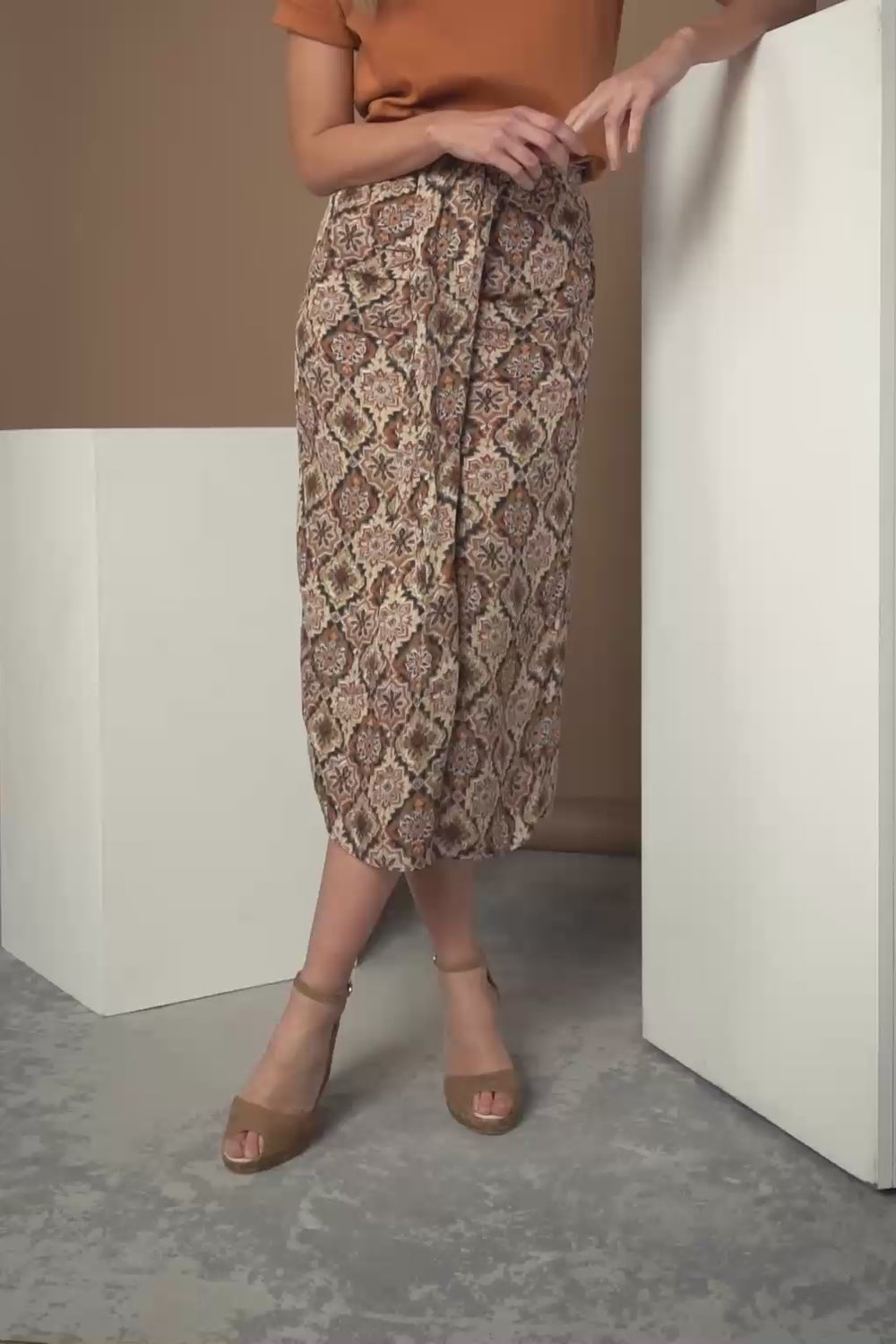 Woman Wearing Caprubi Suede Camel Ankle Strap Espadrille High Wedges