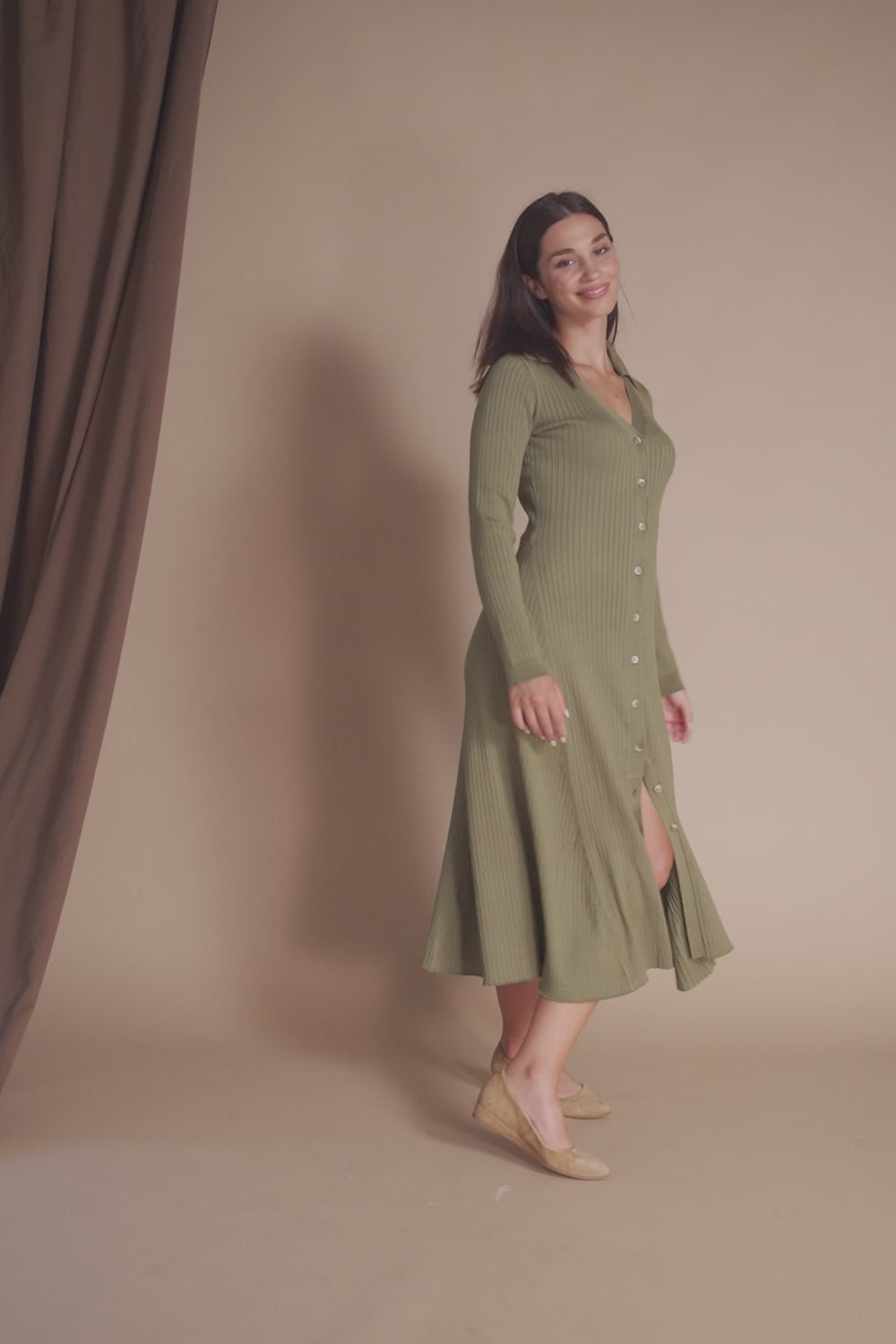 Woman Wearing Roma Suede Camel Women's Flat Shoes