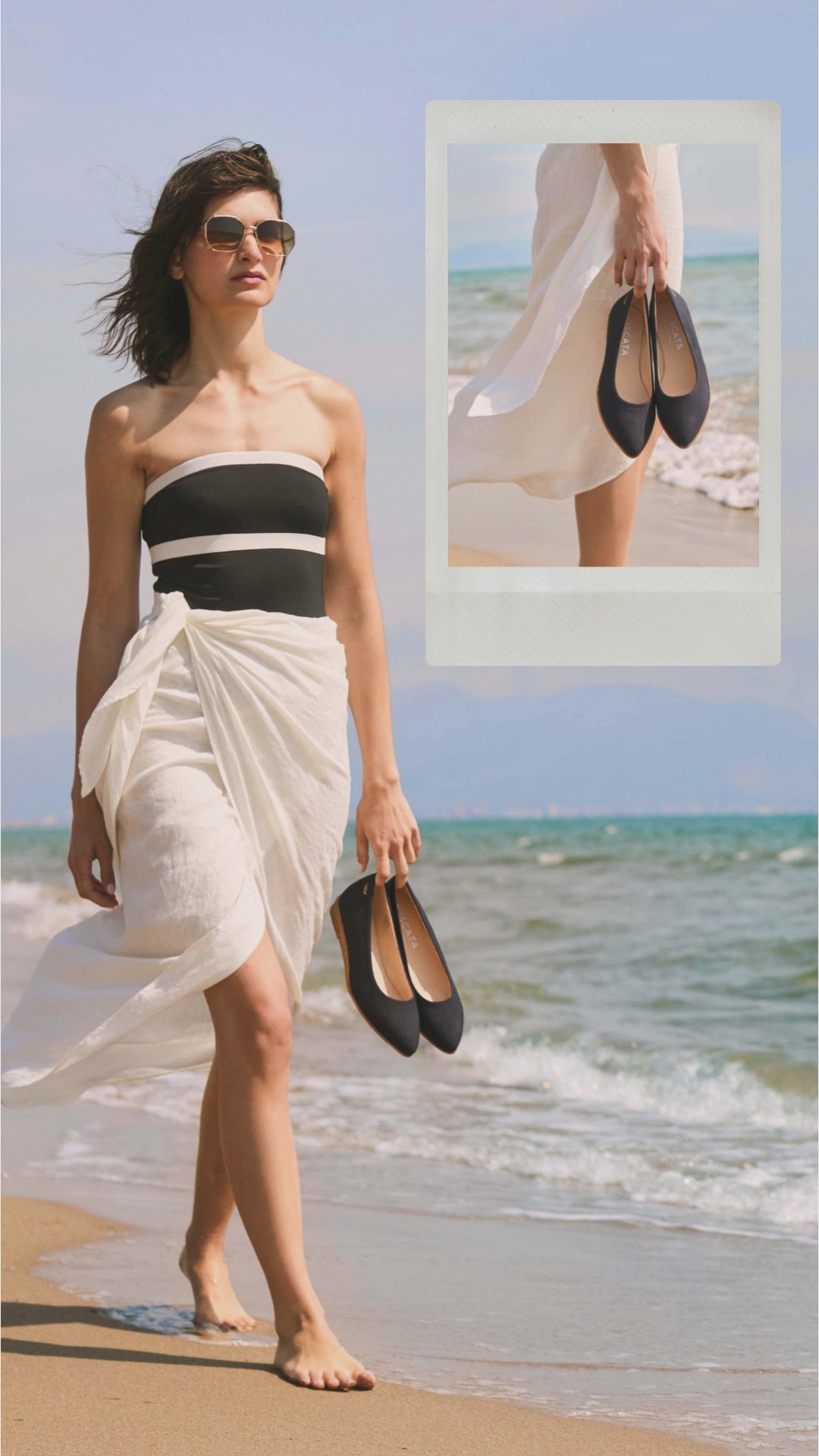 Woman walking on a beach wearing a black strapless top and white skirt with a close-up of shoes inset.