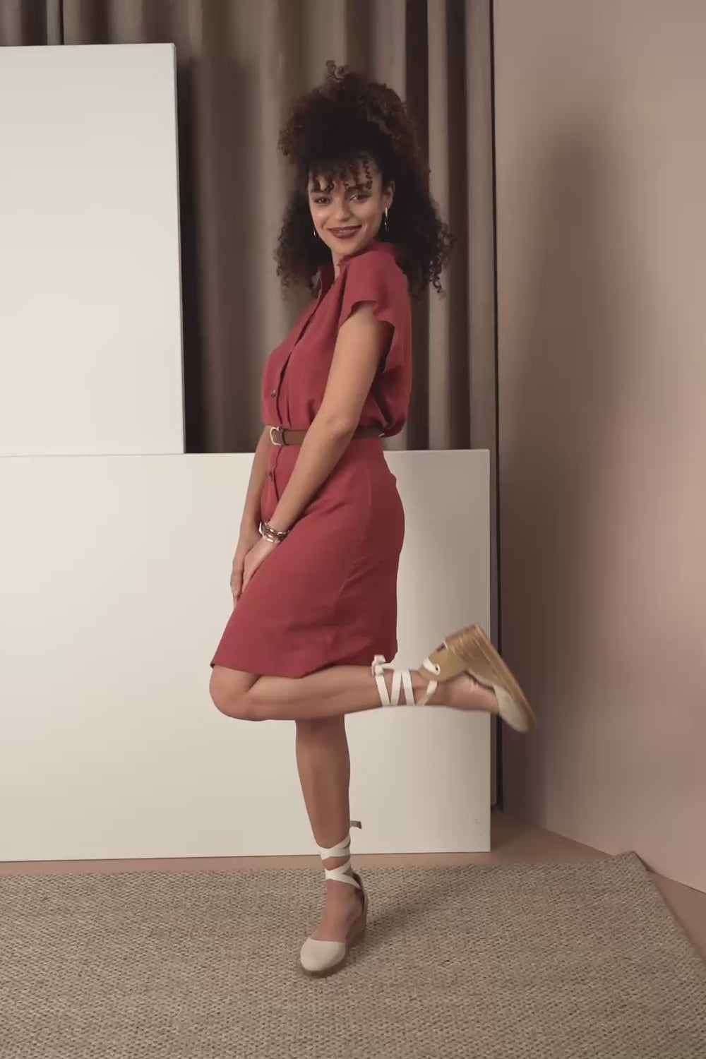 Woman Wearing Sagaro Canvas Beige Lace up Espadrille Wedges