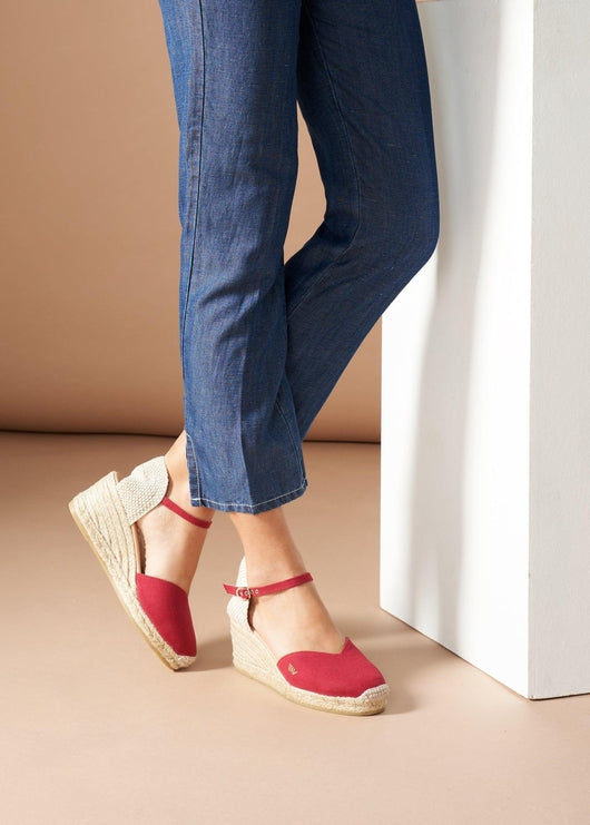 Reus Limited Edition Cherry Canvas Ankle Strap Women Espadrille Medium Heel Wedges Legs
