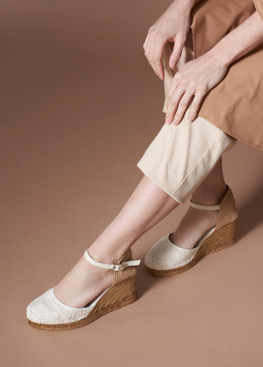 Satuna Ivory Crochet Ankle Strap Women Espadrille High Heel Wedges Legs