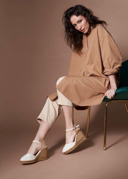 Satuna Ivory Crochet Ankle Strap Women Closed Toe Espadrille High Heel Wedges Outfit